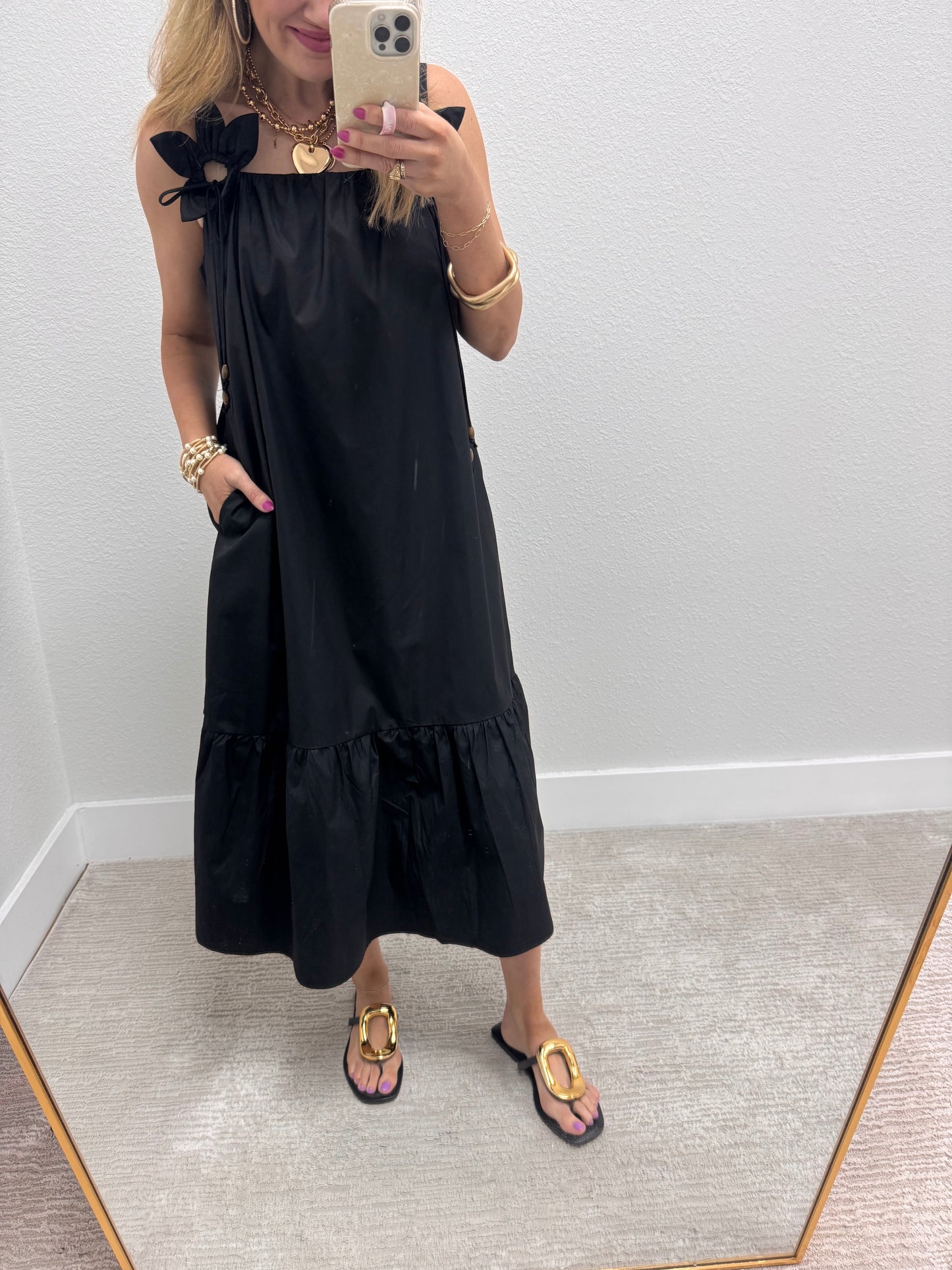 Black Midi Dress with 3D Flower Detail Straps