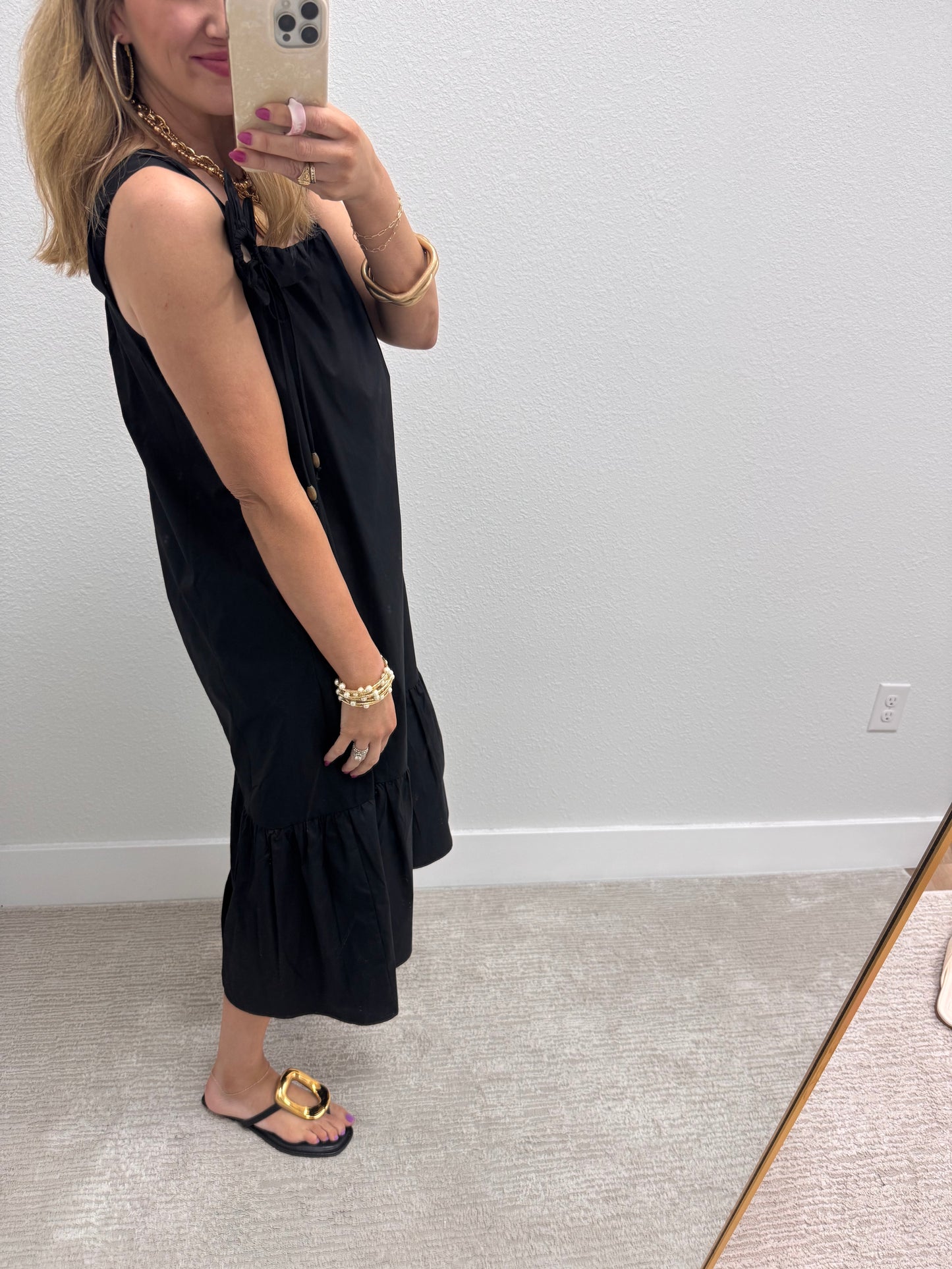 Black Midi Dress with 3D Flower Detail Straps