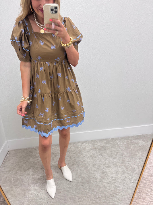 Coffee Tiered Bow Print Dress