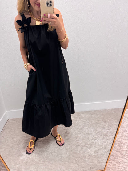 Black Midi Dress with 3D Flower Detail Straps