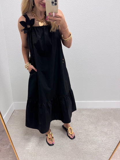 Black Midi Dress with 3D Flower Detail Straps