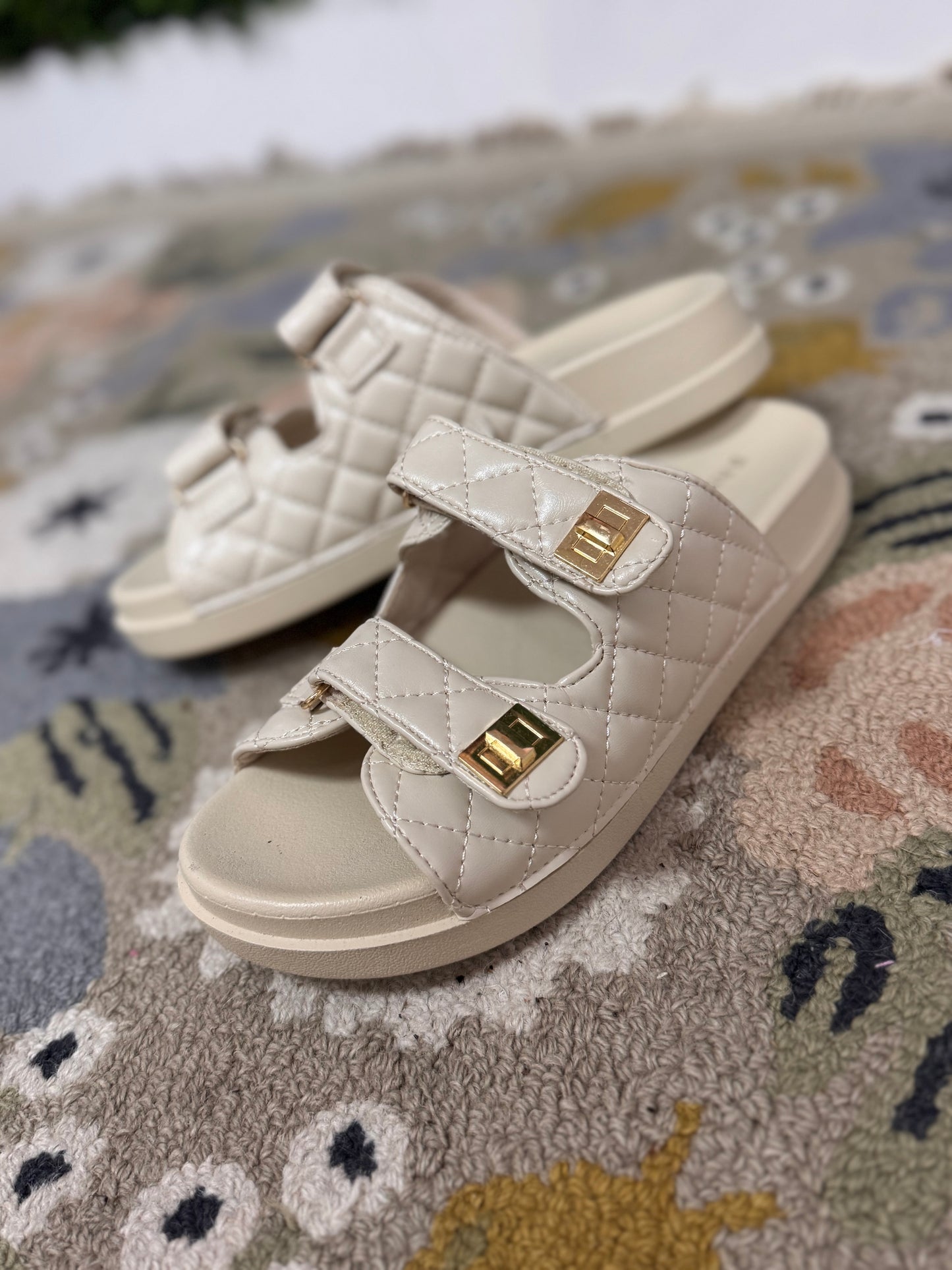 Cream Quilted Slide on Sandals