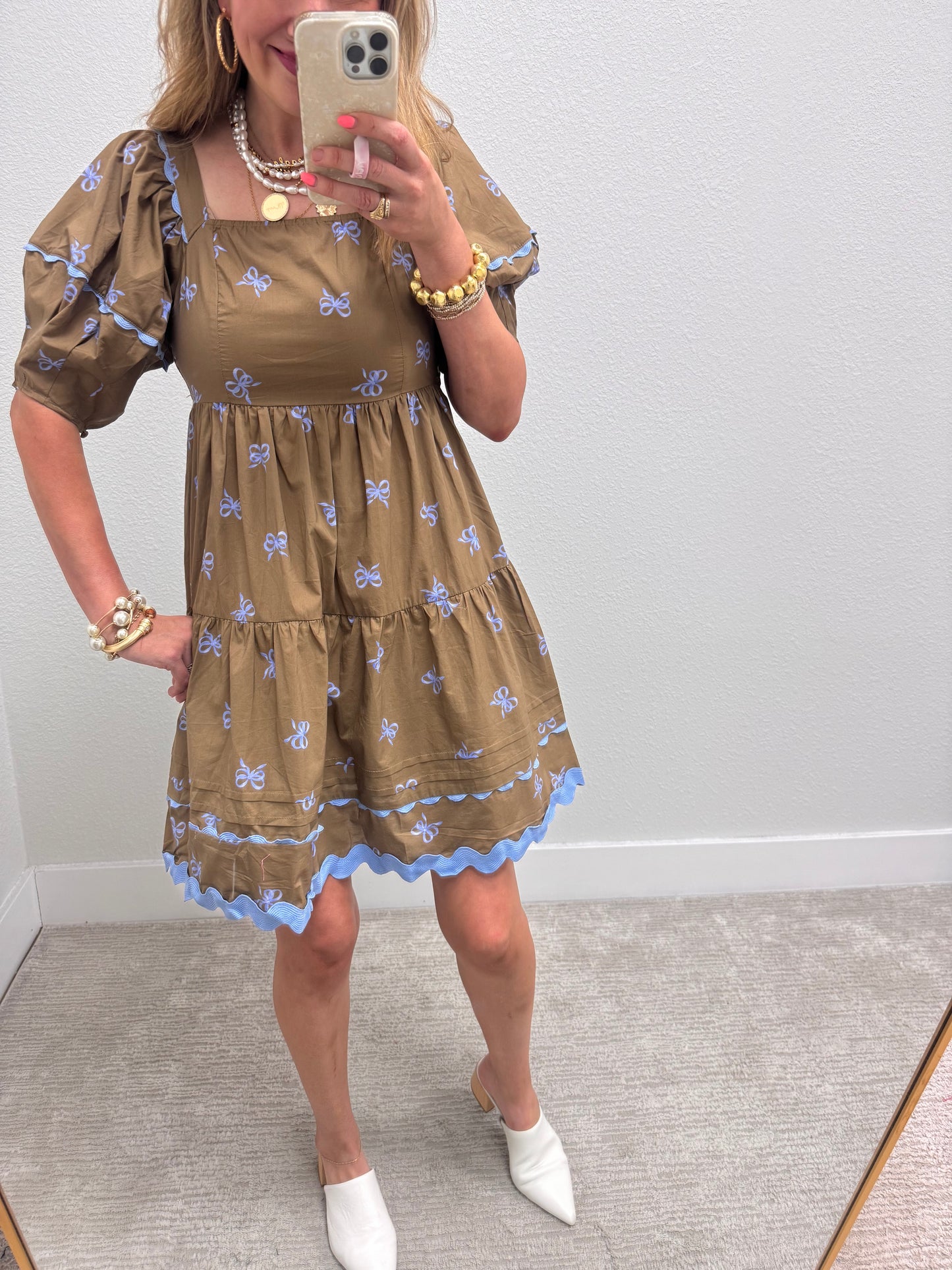 Coffee Tiered Bow Print Dress