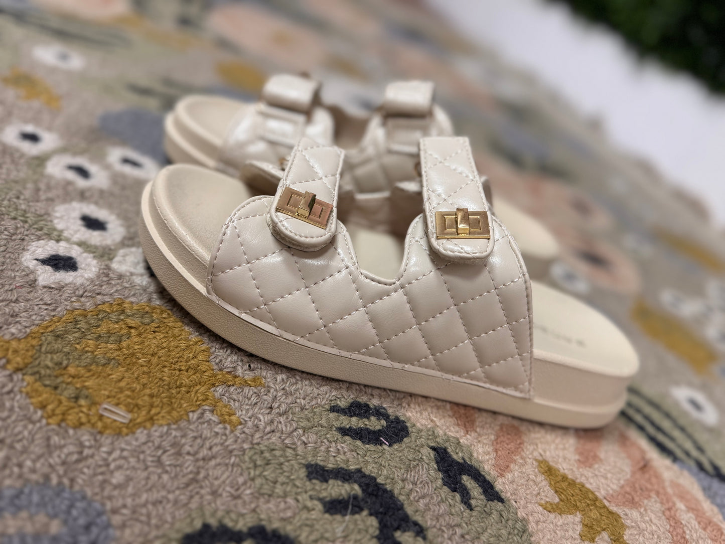Cream Quilted Slide on Sandals