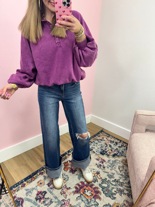 Risen Tummy Control High Rise Distressed Knee Wide Leg Jeans FS