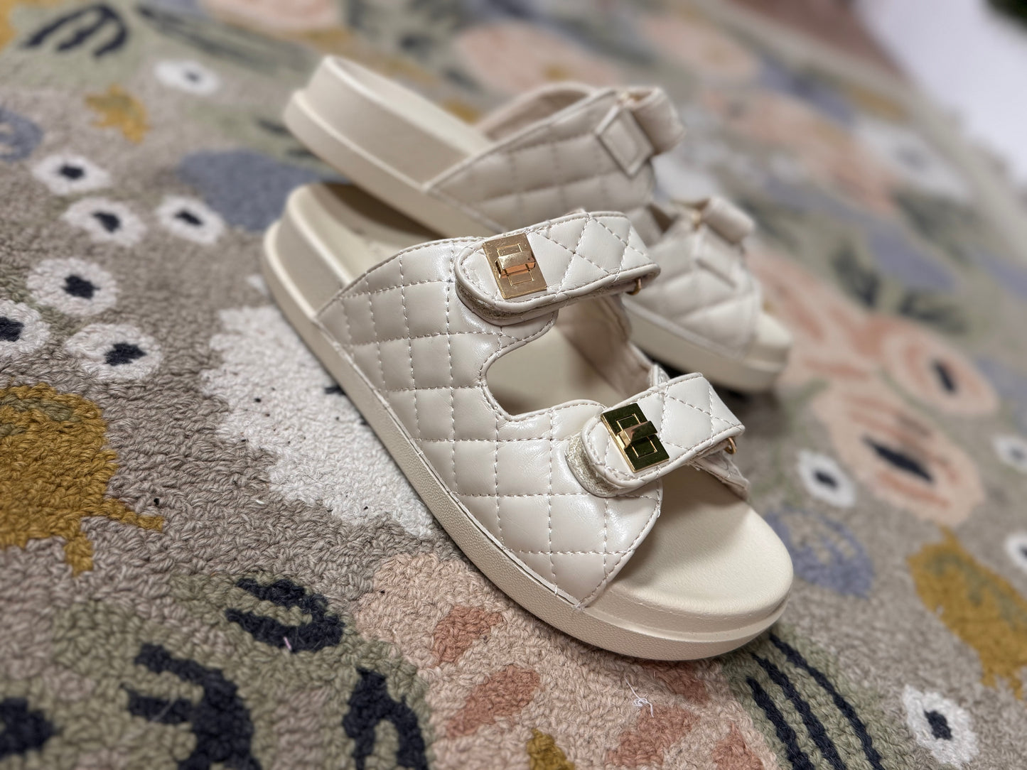 Cream Quilted Slide on Sandals