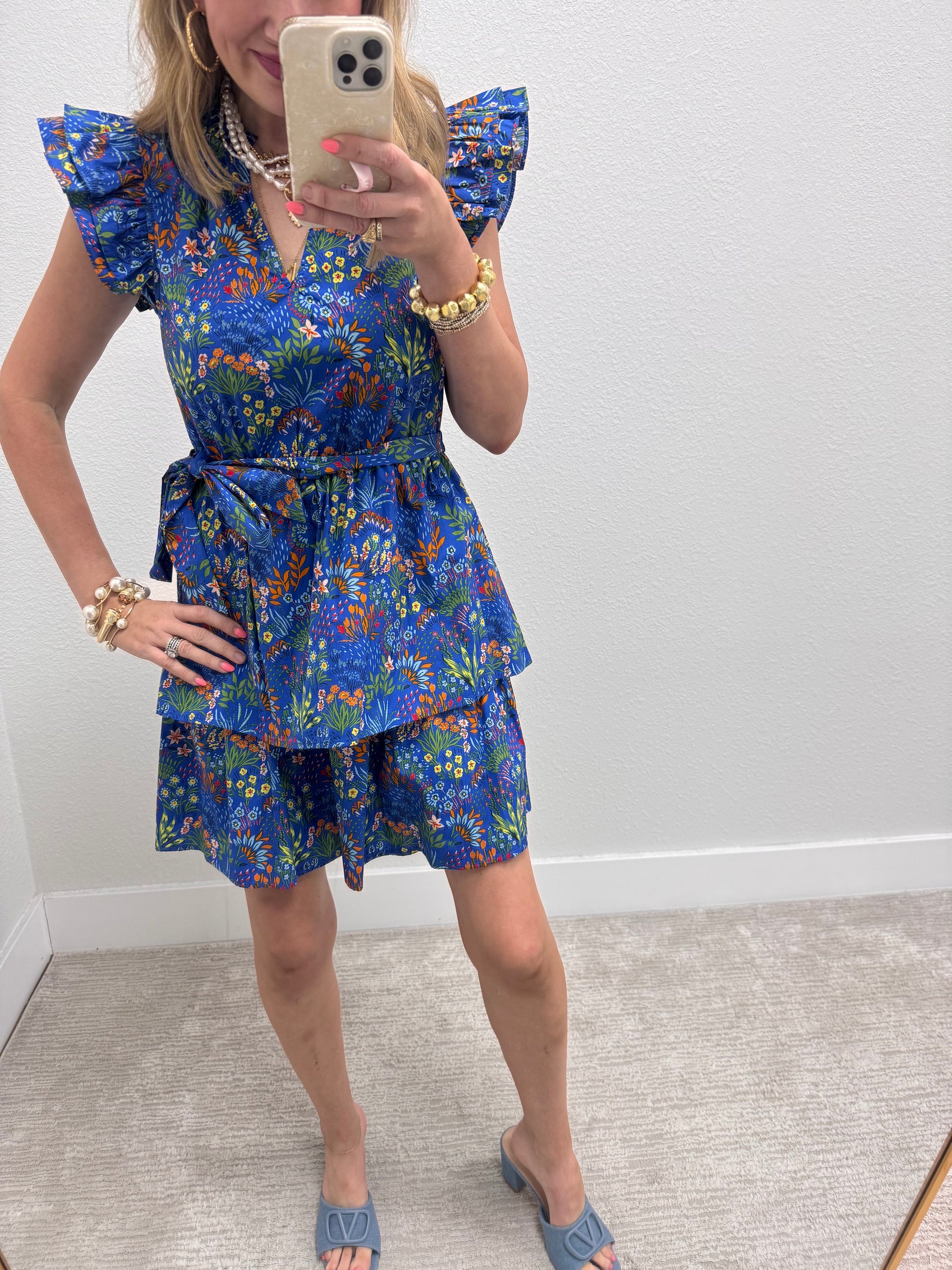 Blue Floral Tiered Mini Dress with Ruffle Sleeves Cactus Joys Blue Floral Tiered Mini Dress with Ruffle Sleeves Cactus Joys