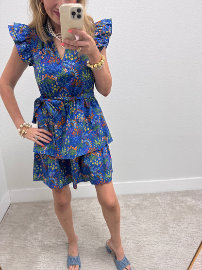 Blue Floral Tiered Mini Dress with Ruffle Sleeves FS