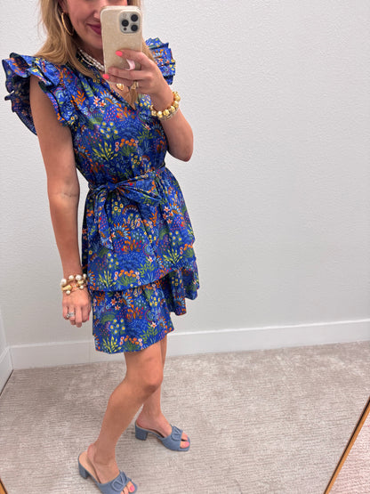 Blue Floral Tiered Mini Dress with Ruffle Sleeves FS