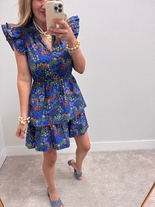 Blue Floral Tiered Mini Dress with Ruffle Sleeves