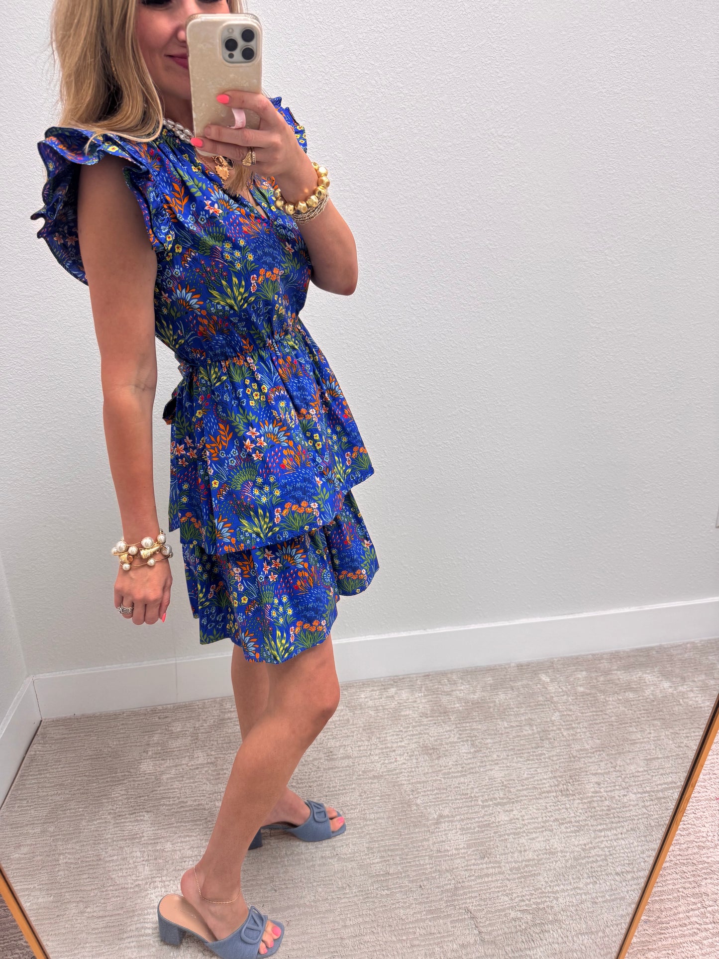 Blue Floral Tiered Mini Dress with Ruffle Sleeves