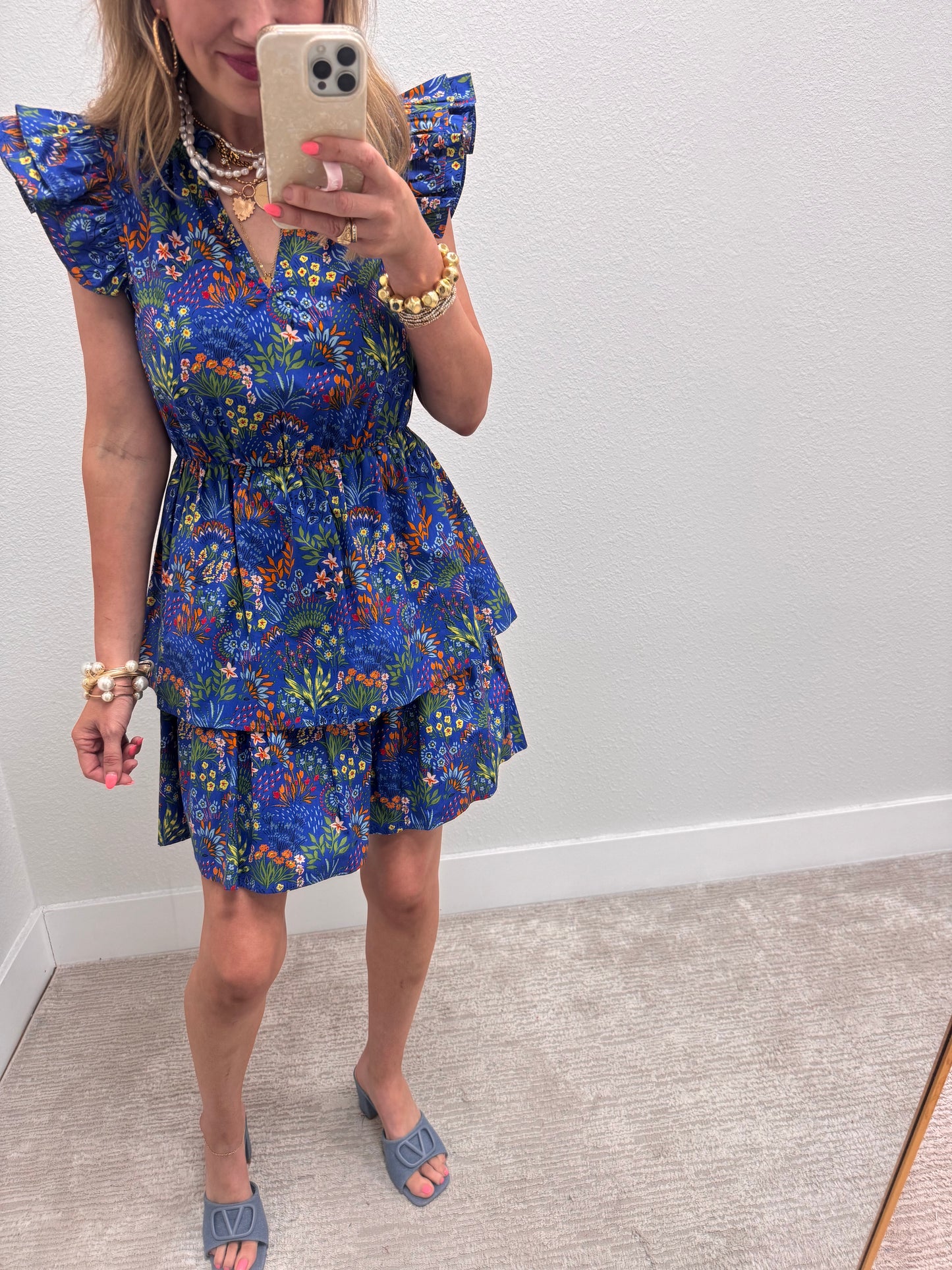 Blue Floral Tiered Mini Dress with Ruffle Sleeves