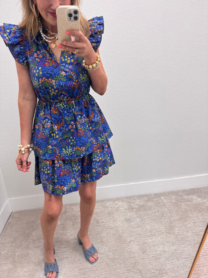 Blue Floral Tiered Mini Dress with Ruffle Sleeves FS