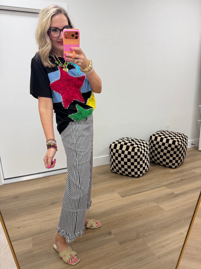Black Ruffle Hem Accent Stripe Casual Pants