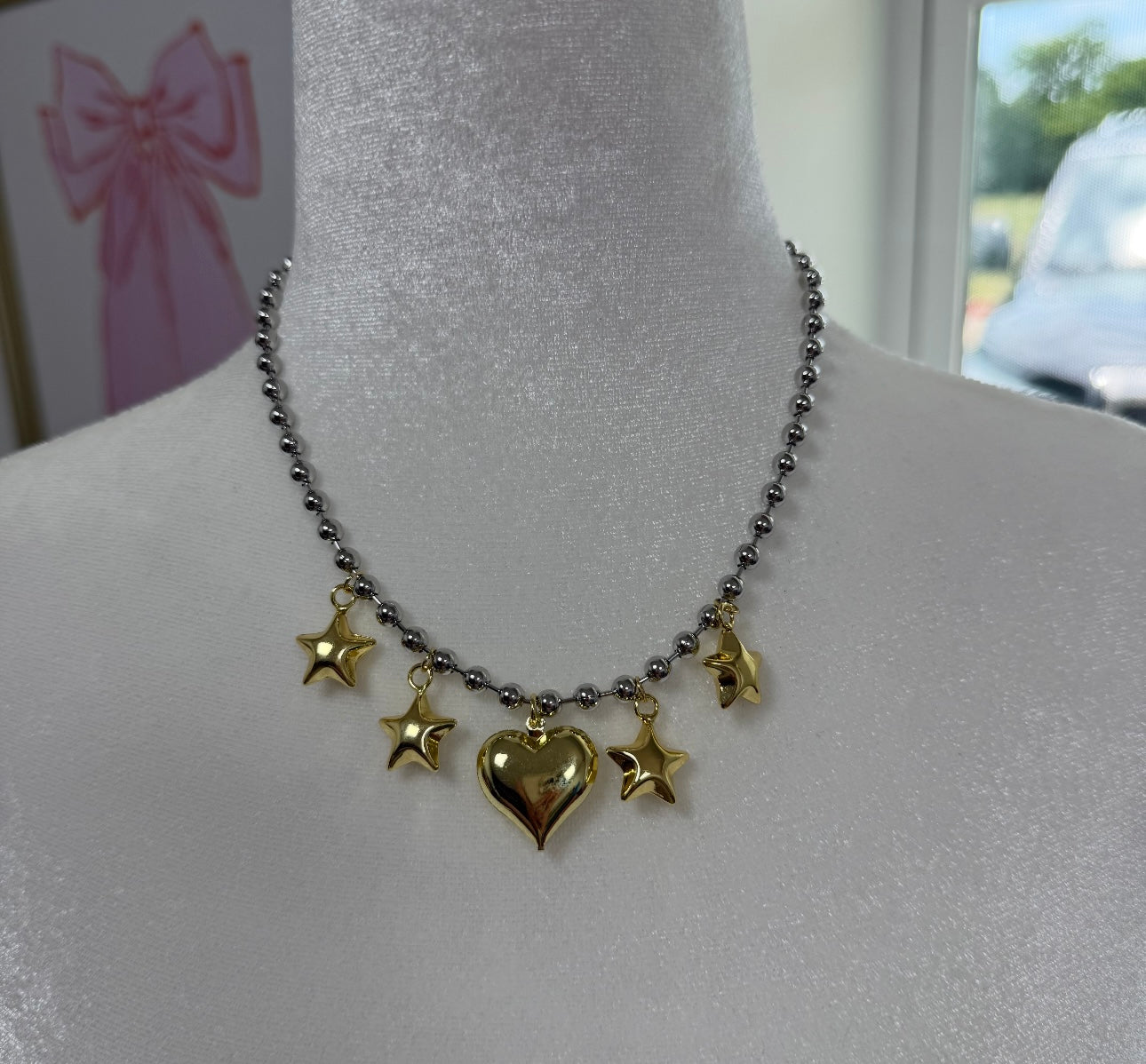 Silver Beaded Necklace with Gold Heart and Star Charm