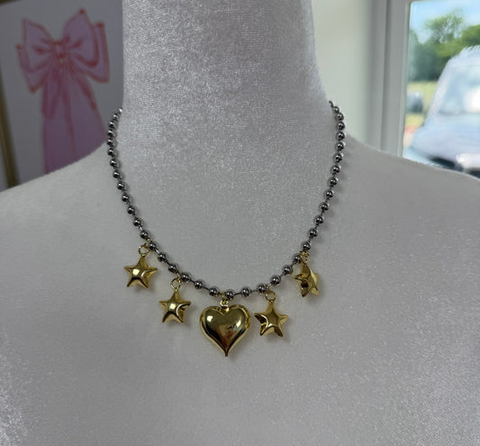 Silver Beaded Necklace with Gold Heart and Star Charm