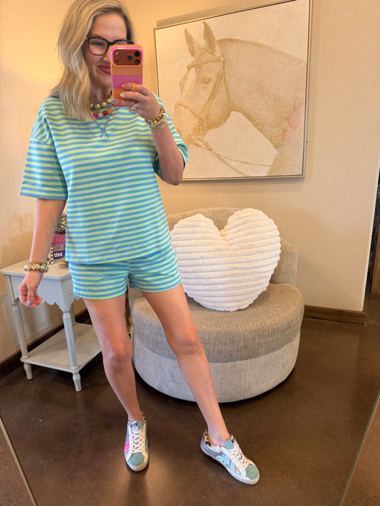 Green & Blue Stripe Pullover Elastic Waist Shorts Set