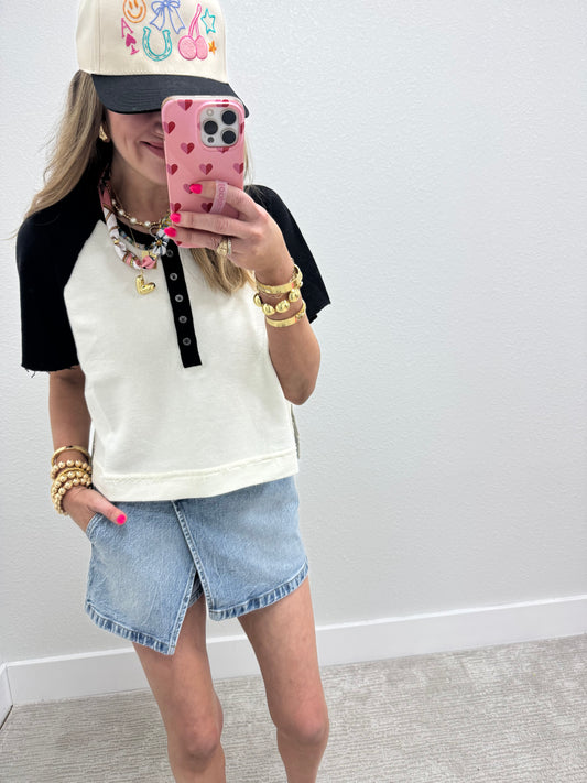Black and Cream French Terry Split Raglan Top