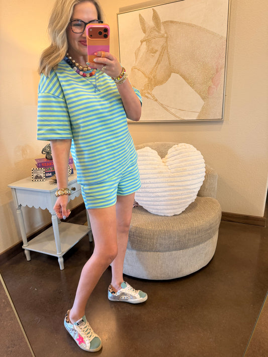 Green & Blue Stripe Pullover Elastic Waist Shorts Set