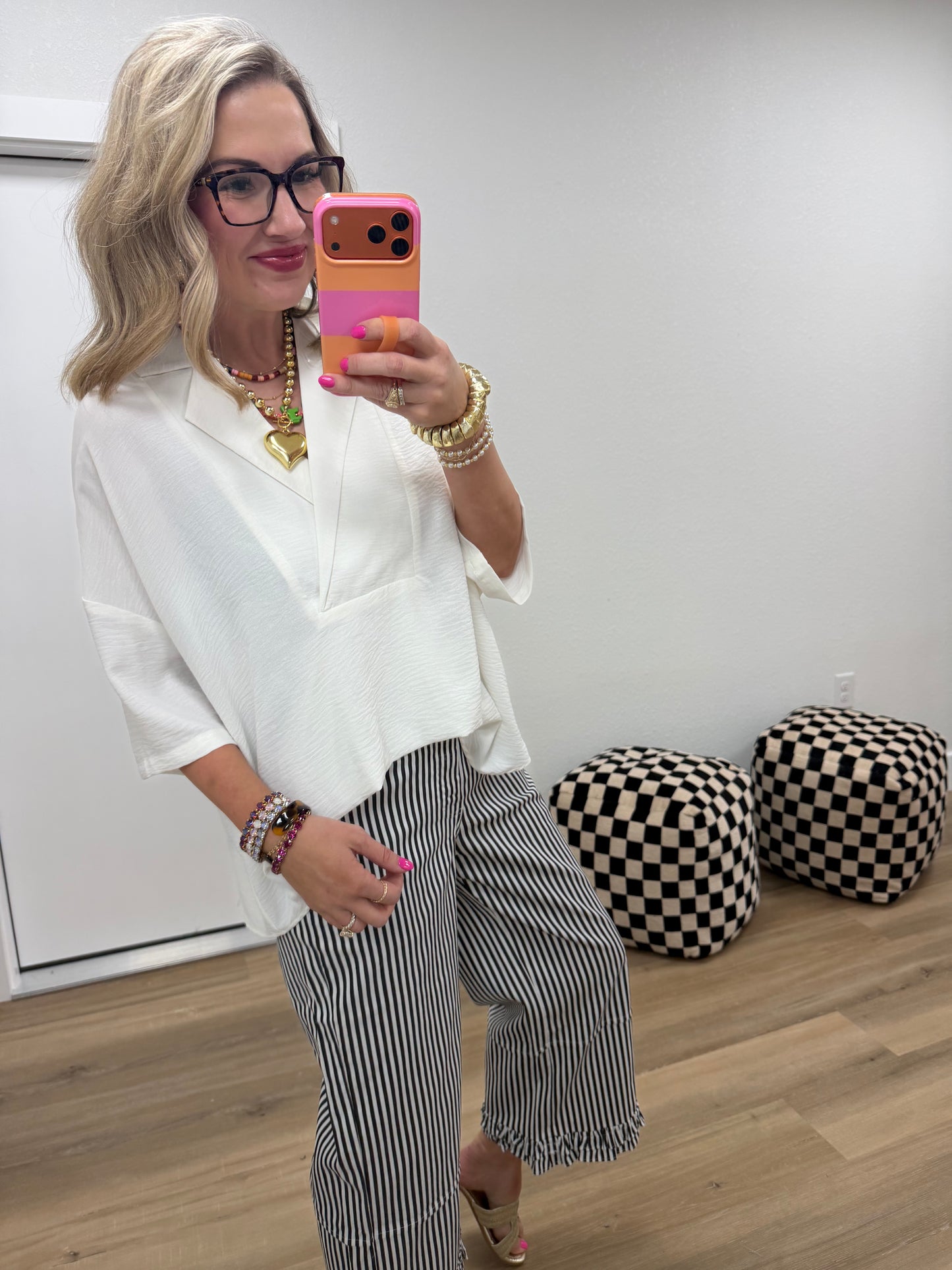 White V-Neck Collared Top