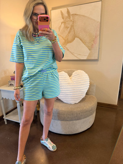 Green & Blue Stripe Pullover Elastic Waist Shorts Set