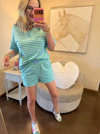 Green & Blue Stripe Pullover Elastic Waist Shorts Set
