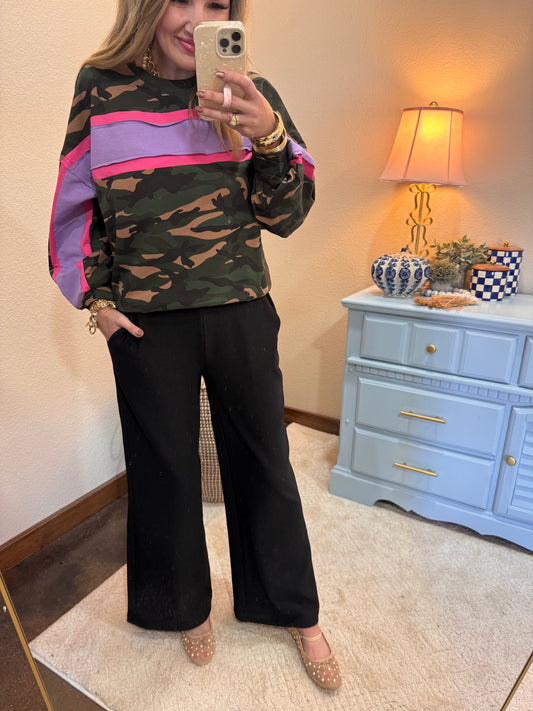 Pink & Purple Camo French Terry Color Block Top
