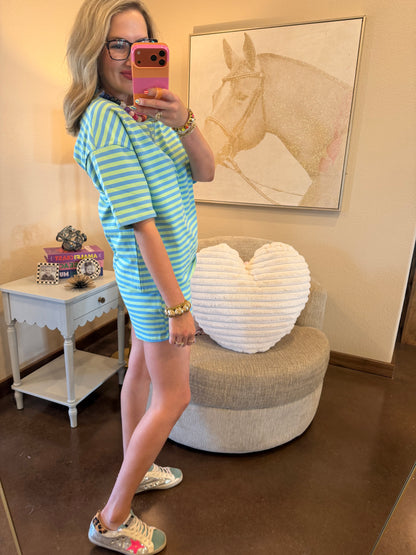 Green & Blue Stripe Pullover Elastic Waist Shorts Set