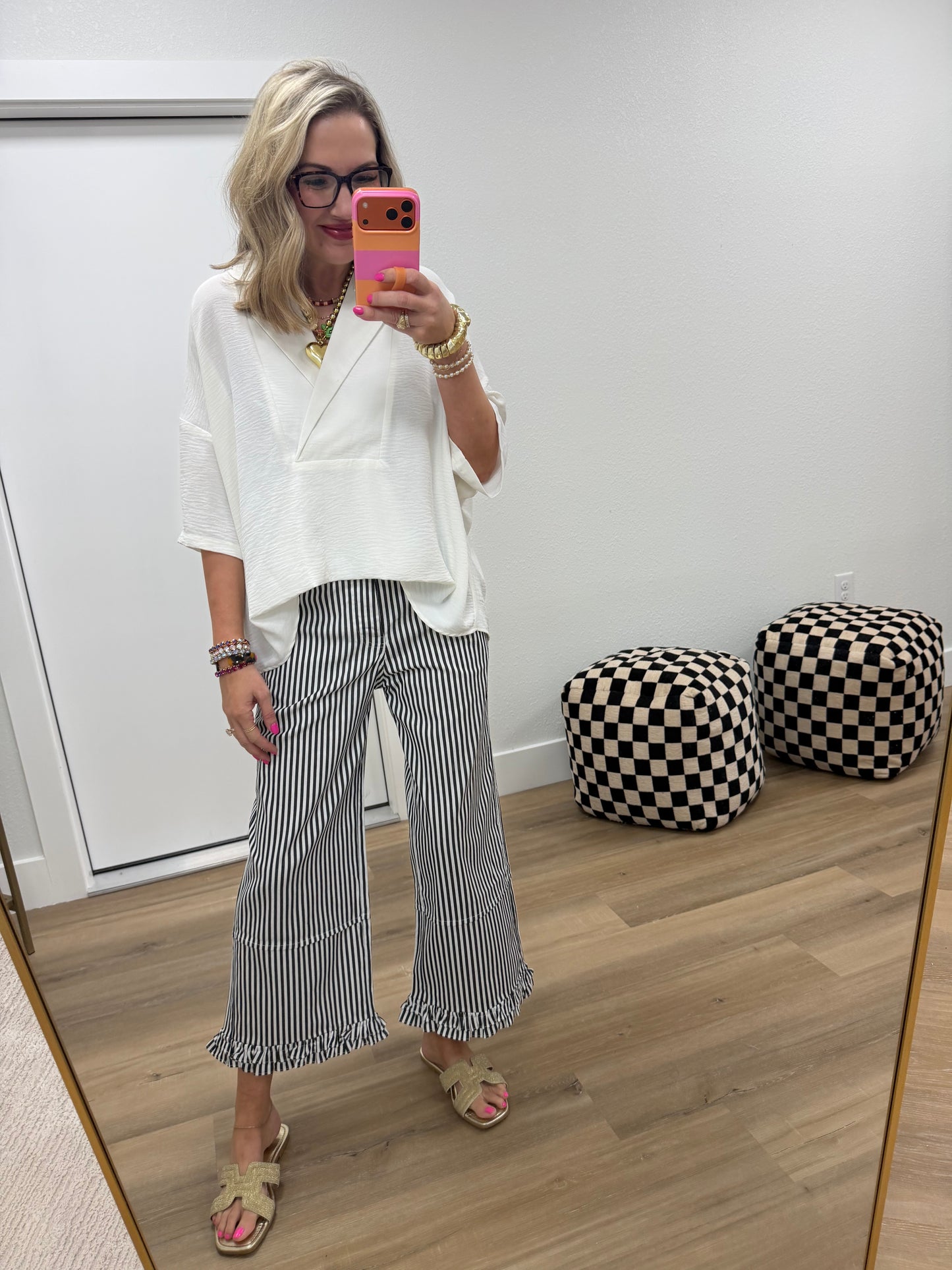 Black Ruffle Hem Accent Stripe Casual Pants