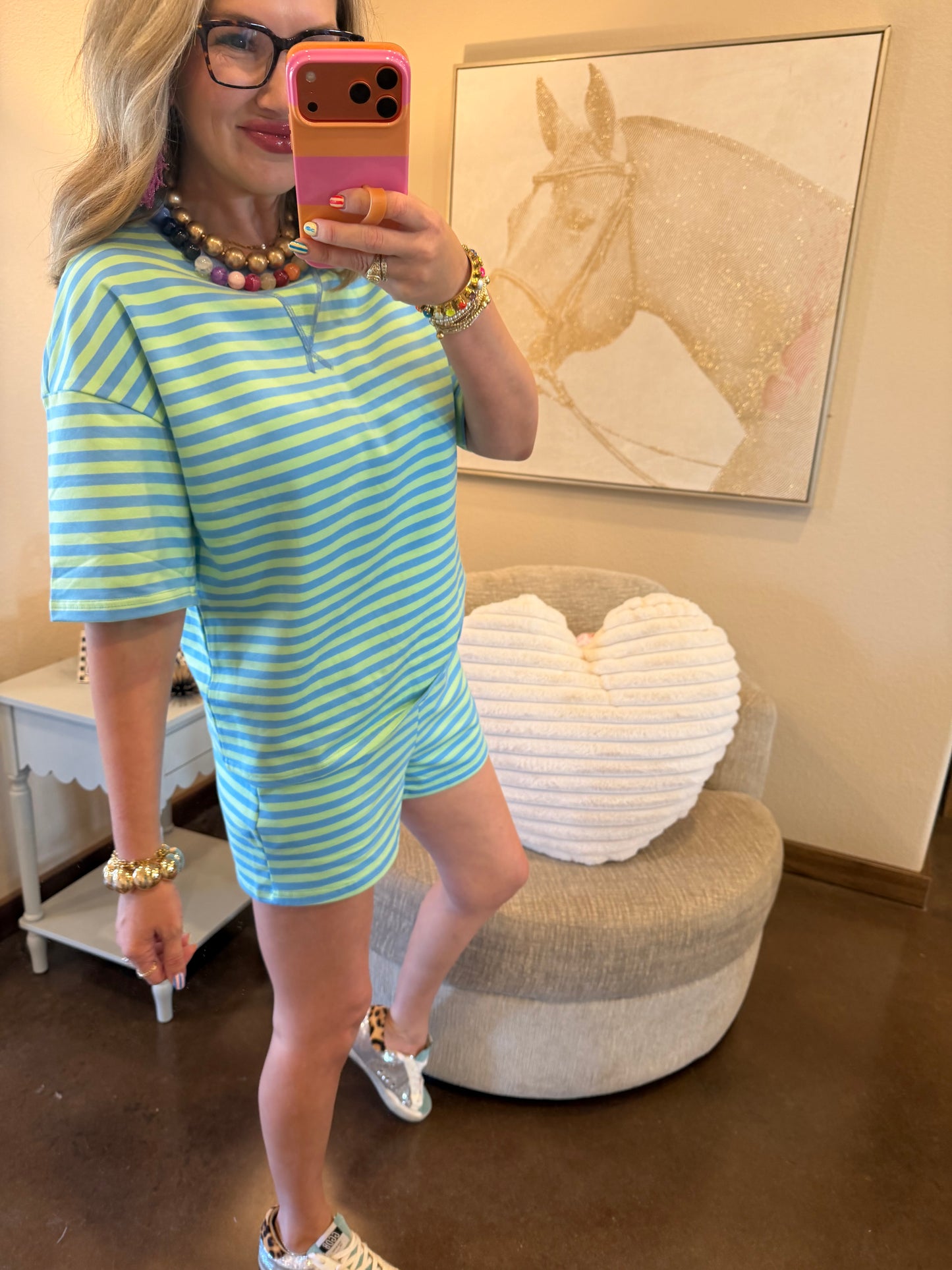 Green & Blue Stripe Pullover Elastic Waist Shorts Set