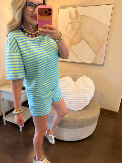 Green & Blue Stripe Pullover Elastic Waist Shorts Set