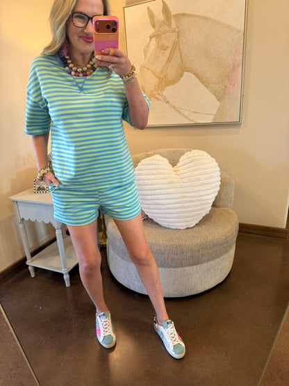 Green & Blue Stripe Pullover Elastic Waist Shorts Set
