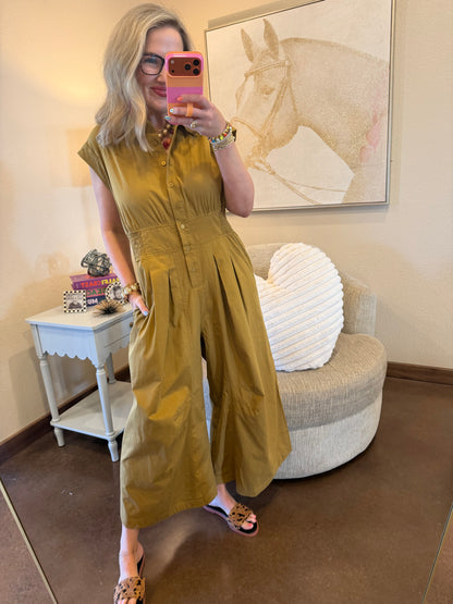 Tan Sleeveless Elastic Waist Cinch Side Jumper