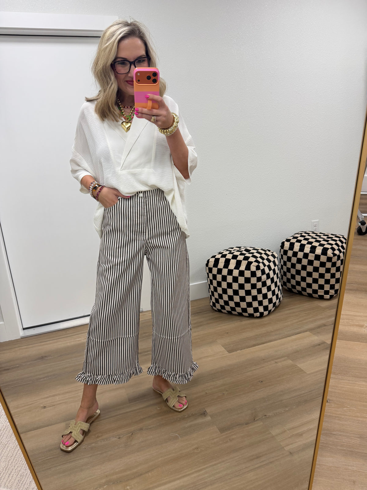 Brown Ruffle Hem Accent Stripe Casual Pants