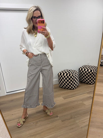 Brown Ruffle Hem Accent Stripe Casual Pants