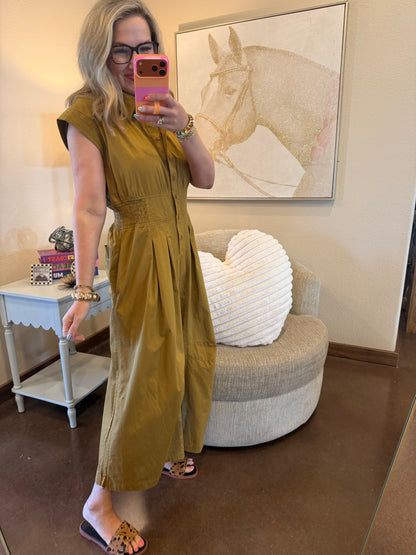 Tan Sleeveless Elastic Waist Cinch Side Jumper