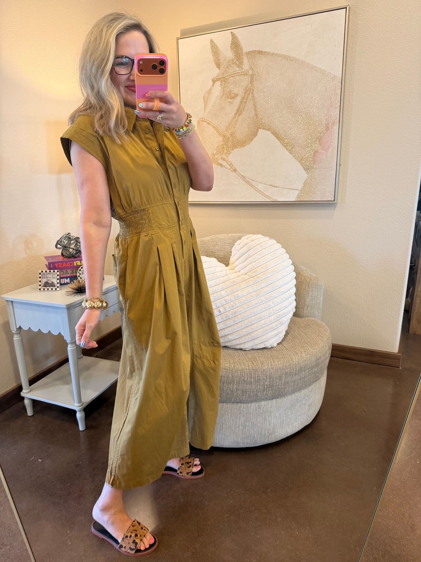 Tan Sleeveless Elastic Waist Cinch Side Jumper