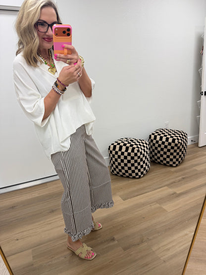 Brown Ruffle Hem Accent Stripe Casual Pants