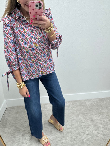 Blue Floral Tie Sleeve Top