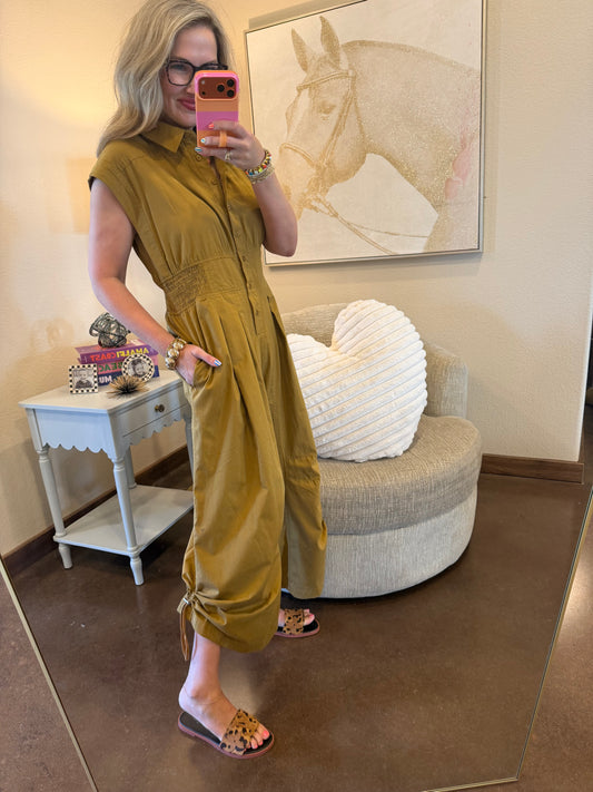 Tan Sleeveless Elastic Waist Cinch Side Jumper