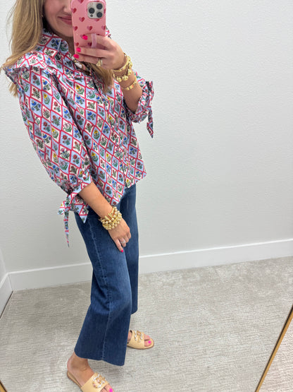 Blue Floral Tie Sleeve Top