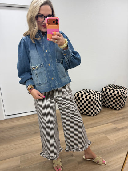 Puff Sleeve Denim Jacket With Horse Bit Accents