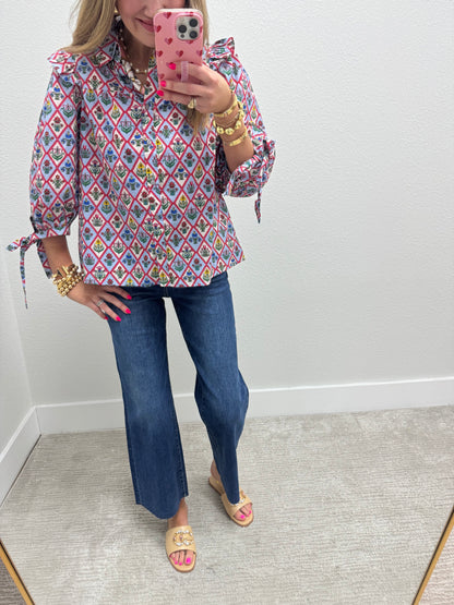 Blue Floral Tie Sleeve Top