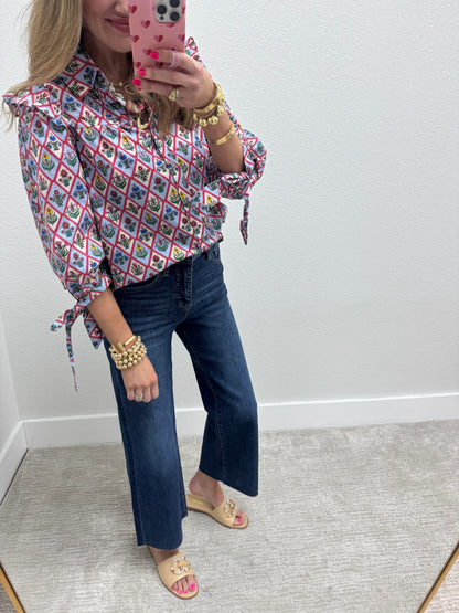 Blue Floral Tie Sleeve Top