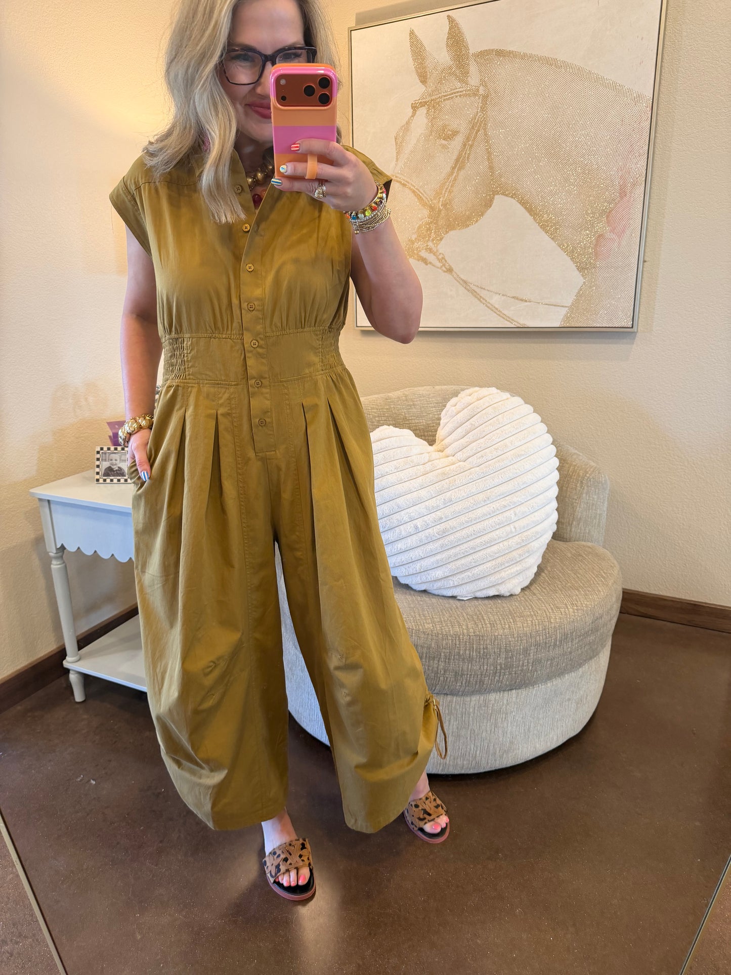 Tan Sleeveless Elastic Waist Cinch Side Jumper