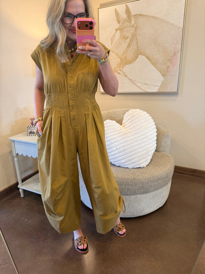 Tan Sleeveless Elastic Waist Cinch Side Jumper