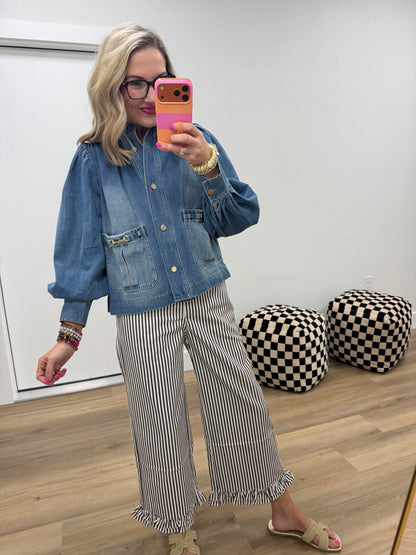 Puff Sleeve Denim Jacket With Horse Bit Accents