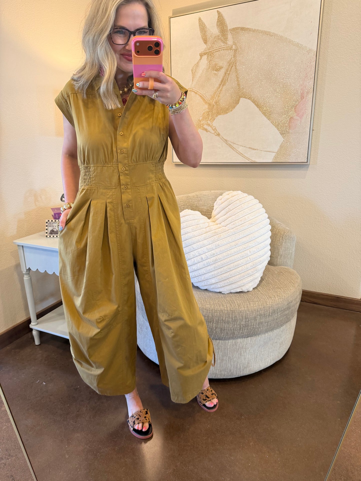 Tan Sleeveless Elastic Waist Cinch Side Jumper