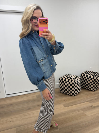 Puff Sleeve Denim Jacket With Horse Bit Accents