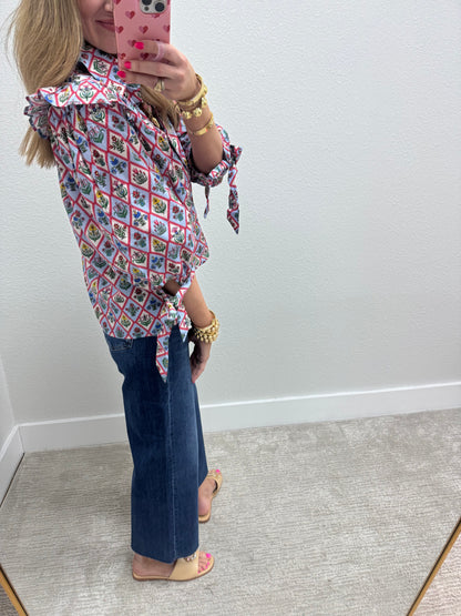 Blue Floral Tie Sleeve Top